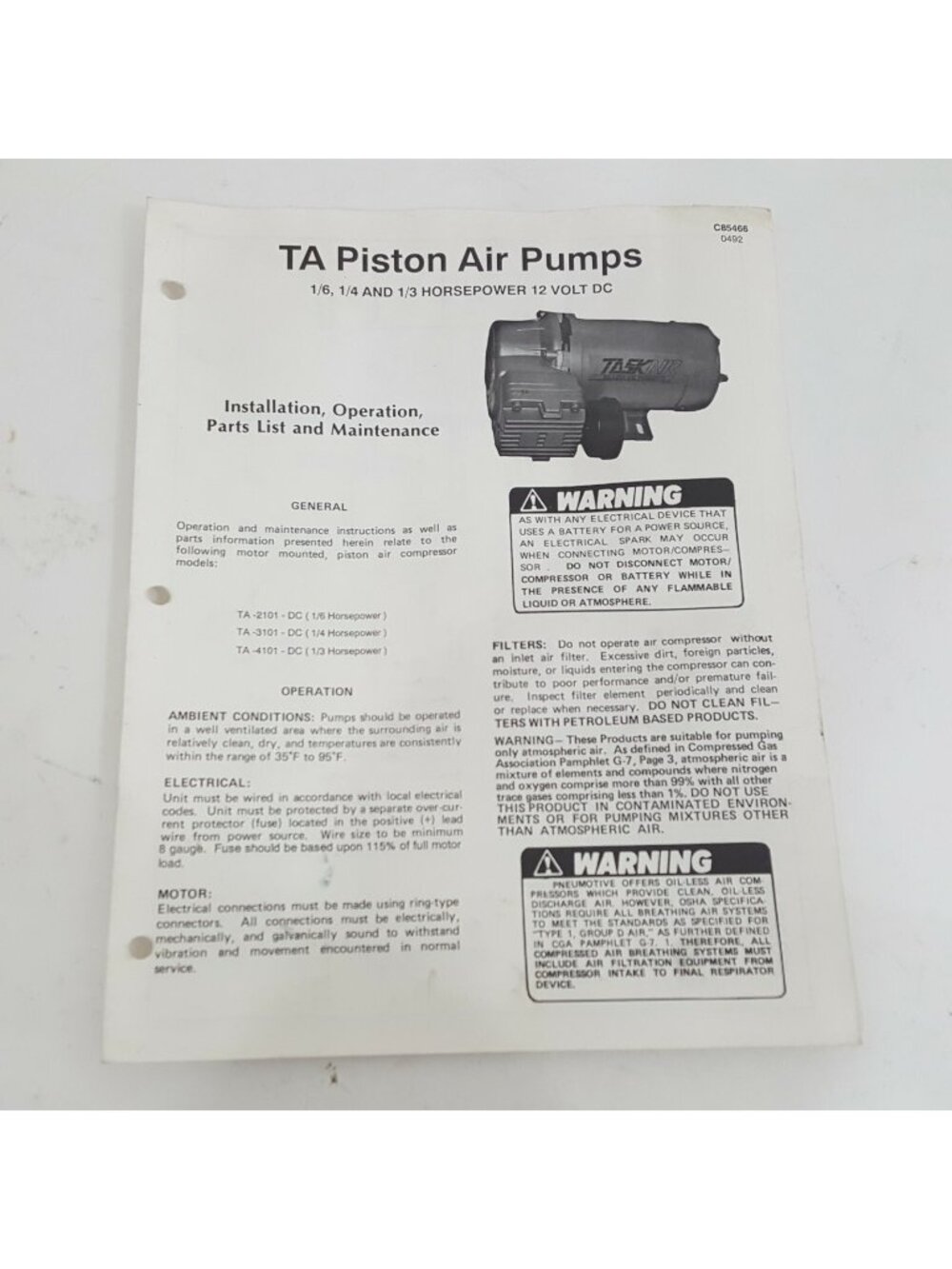 Thomas TA Piston Air Pump TA 2101 3101 4101 Install Operation Parts Maint Manual
